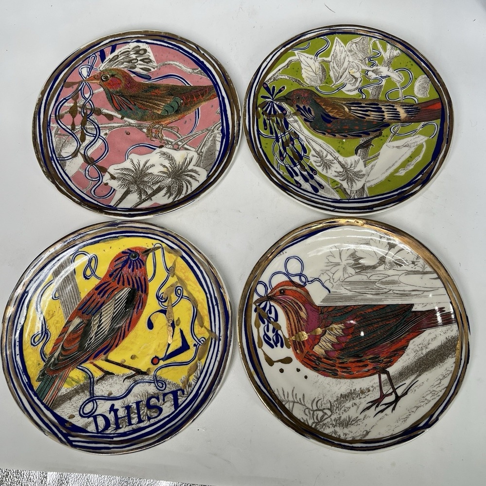 Anthropologie Ruan Hoffman Dream Bird Plates Set of 4 Porcelain 8in Multicolor
